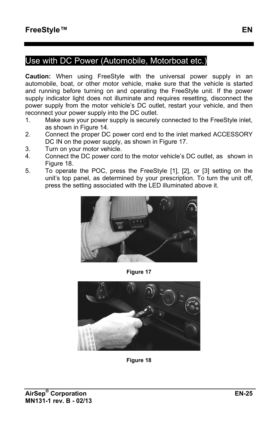 Use with dc power (automobile, motorboat etc.), Freestyle™ en | AirSep MN131-1 B User Manual | Page 237 / 556