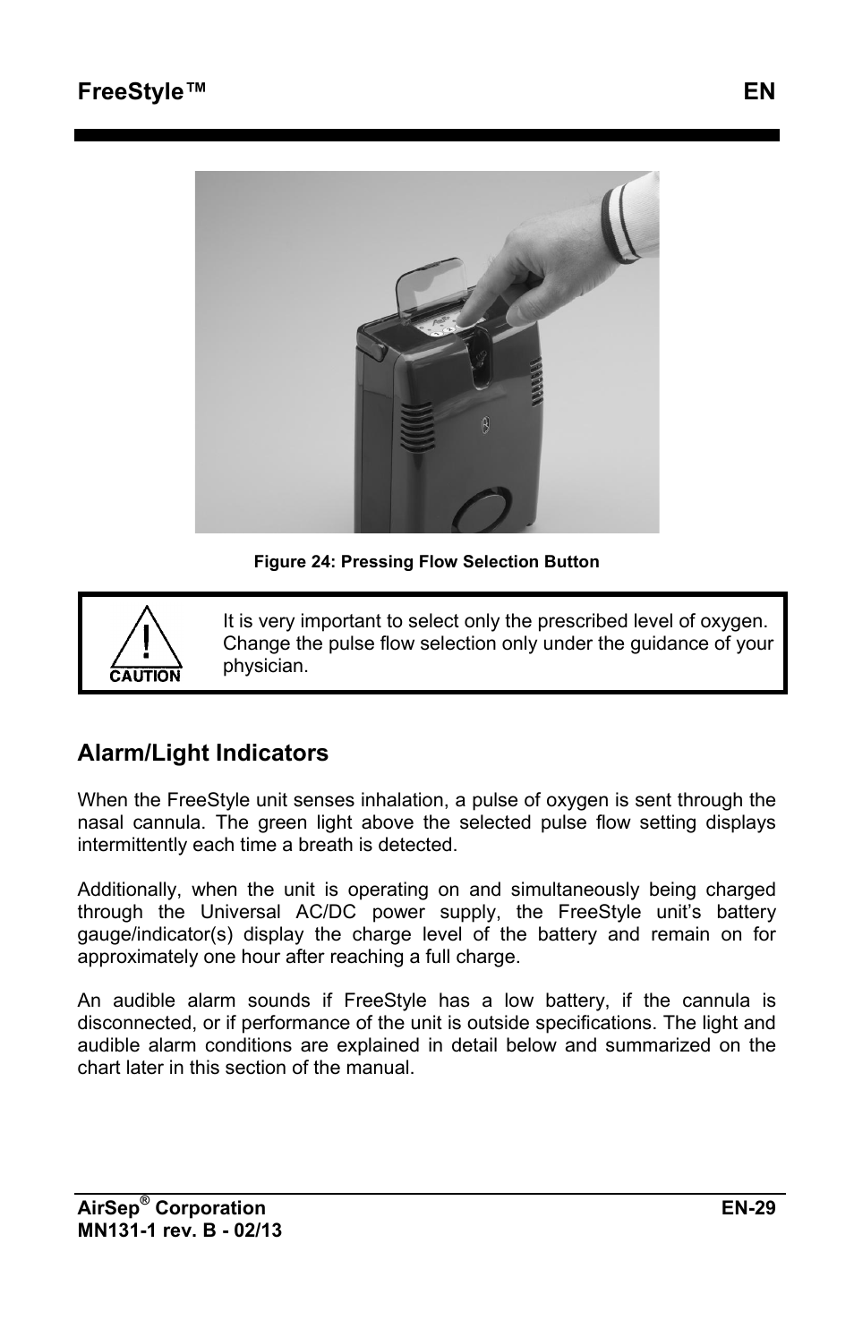 Freestyle™ en, Alarm/light indicators | AirSep MN131-1 B User Manual | Page 241 / 556