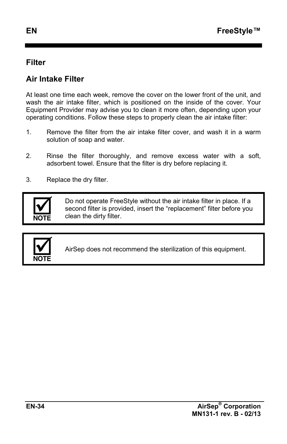 Freestyle, Filter, Air intake filter | AirSep MN131-1 B User Manual | Page 246 / 556