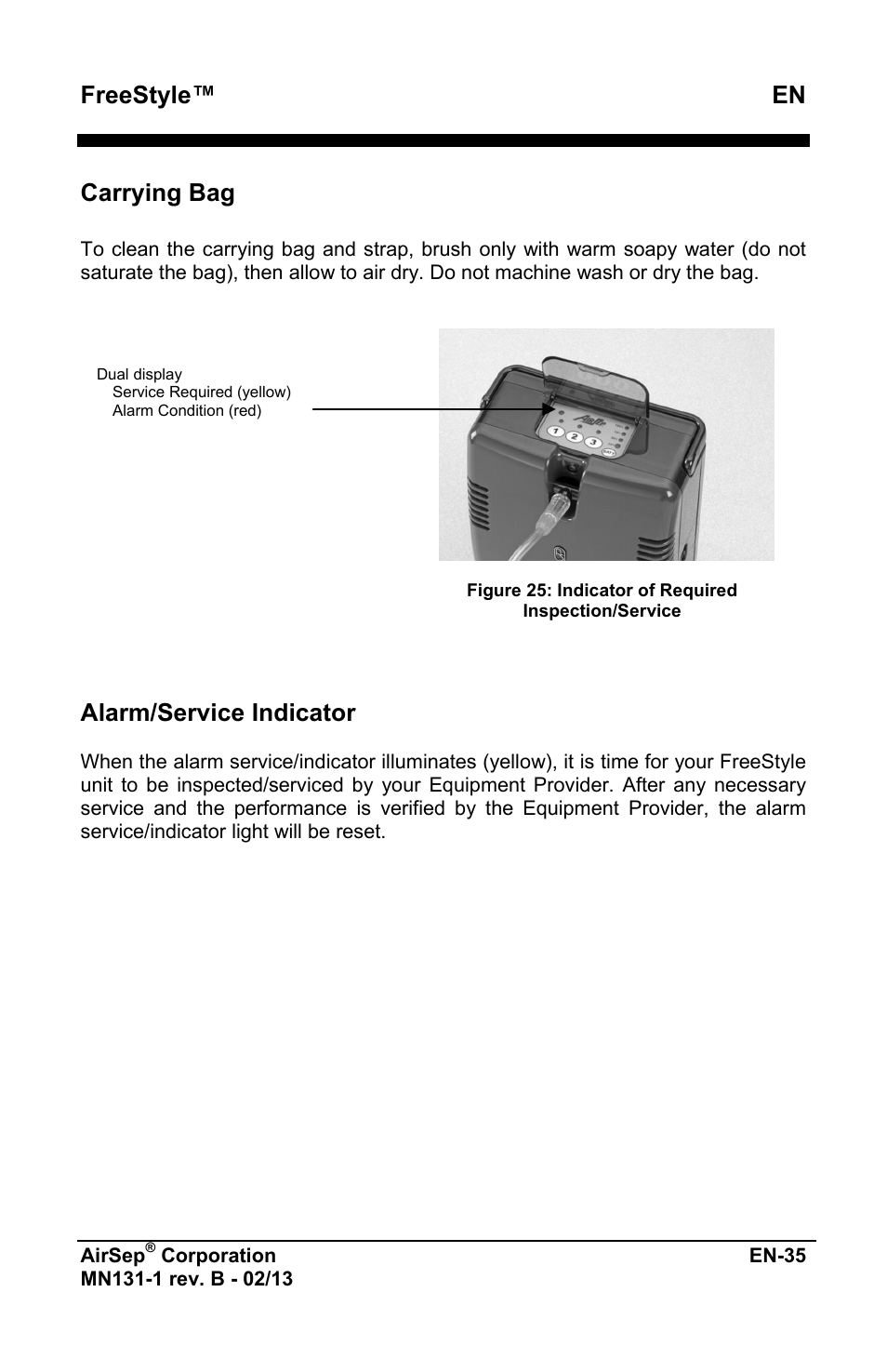 Freestyle™ en, Carrying bag, Alarm/service indicator | AirSep MN131-1 B User Manual | Page 247 / 556