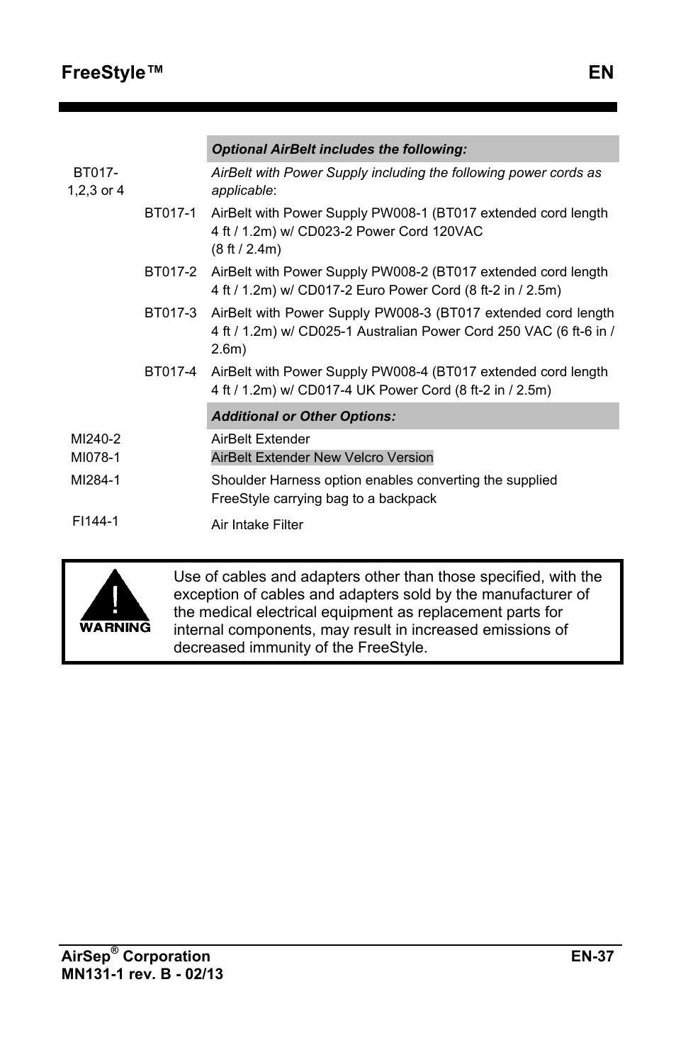 Freestyle™ en | AirSep MN131-1 B User Manual | Page 249 / 556