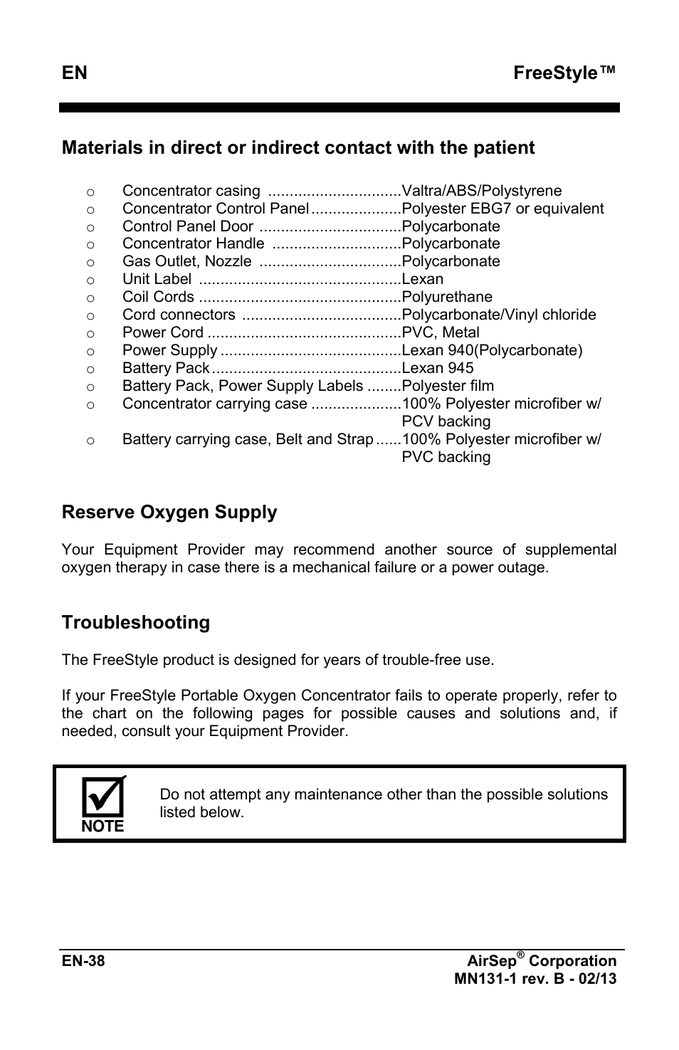 Freestyle, Reserve oxygen supply, Troubleshooting | AirSep MN131-1 B User Manual | Page 250 / 556