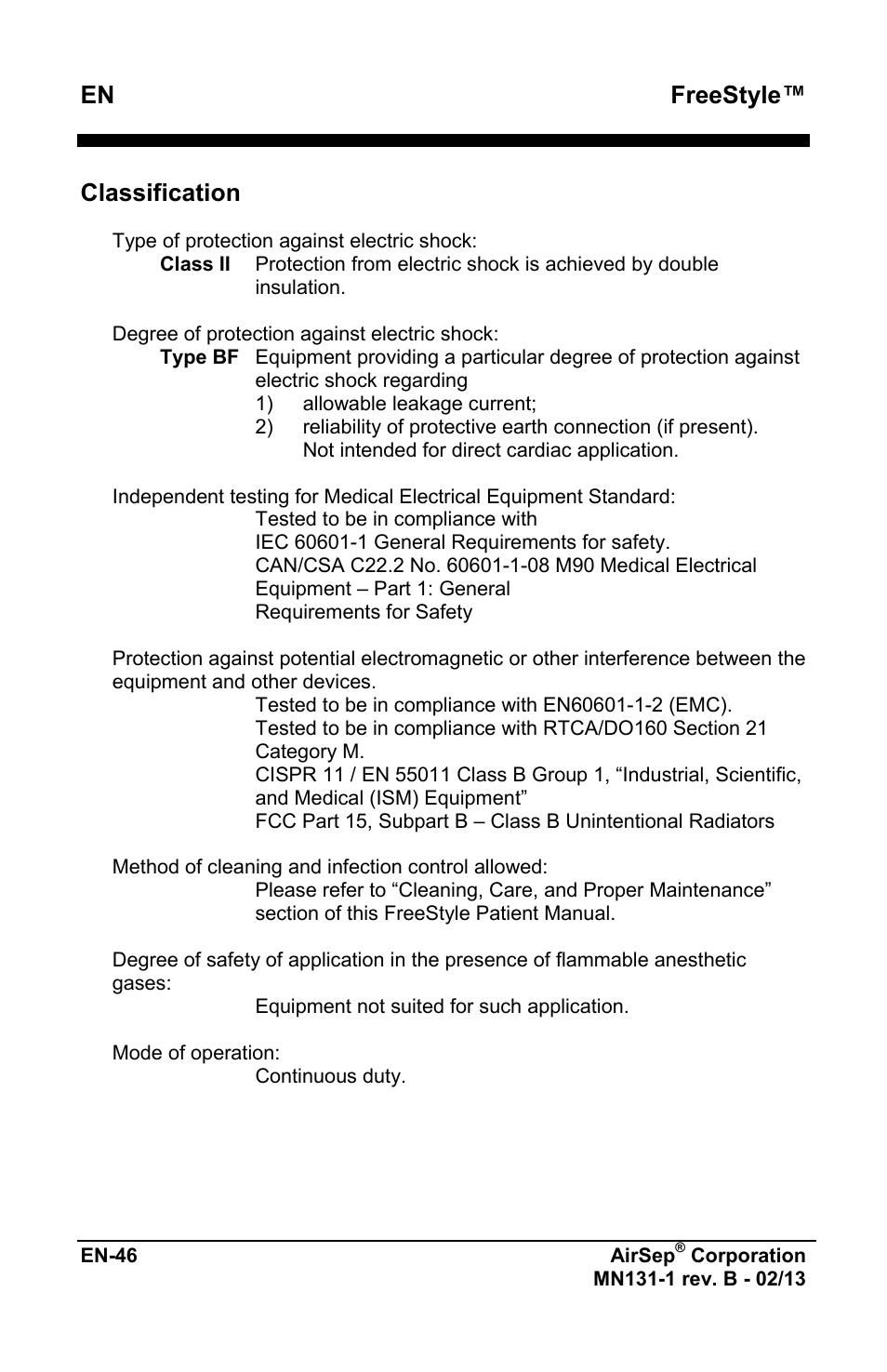 Freestyle, Classification | AirSep MN131-1 B User Manual | Page 258 / 556