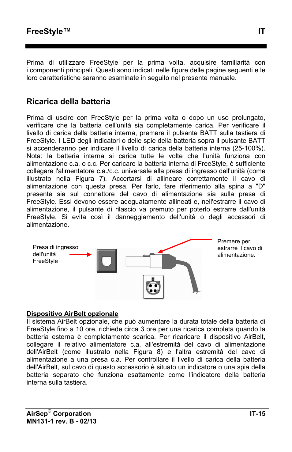 Freestyle™ it, Ricarica della batteria | AirSep MN131-1 B User Manual | Page 277 / 556