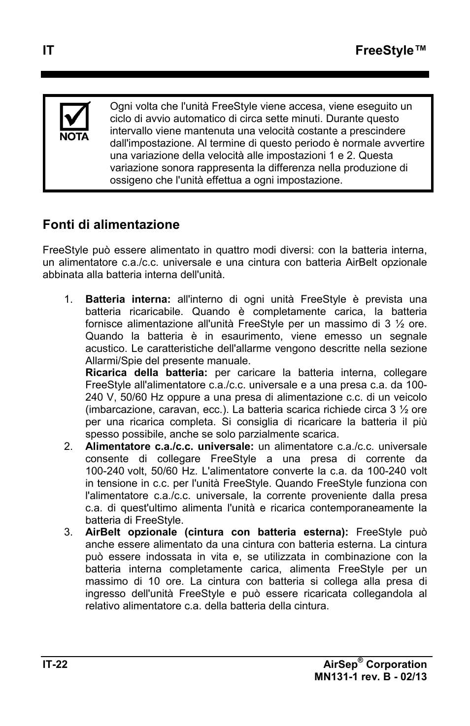 Freestyle, Fonti di alimentazione | AirSep MN131-1 B User Manual | Page 284 / 556