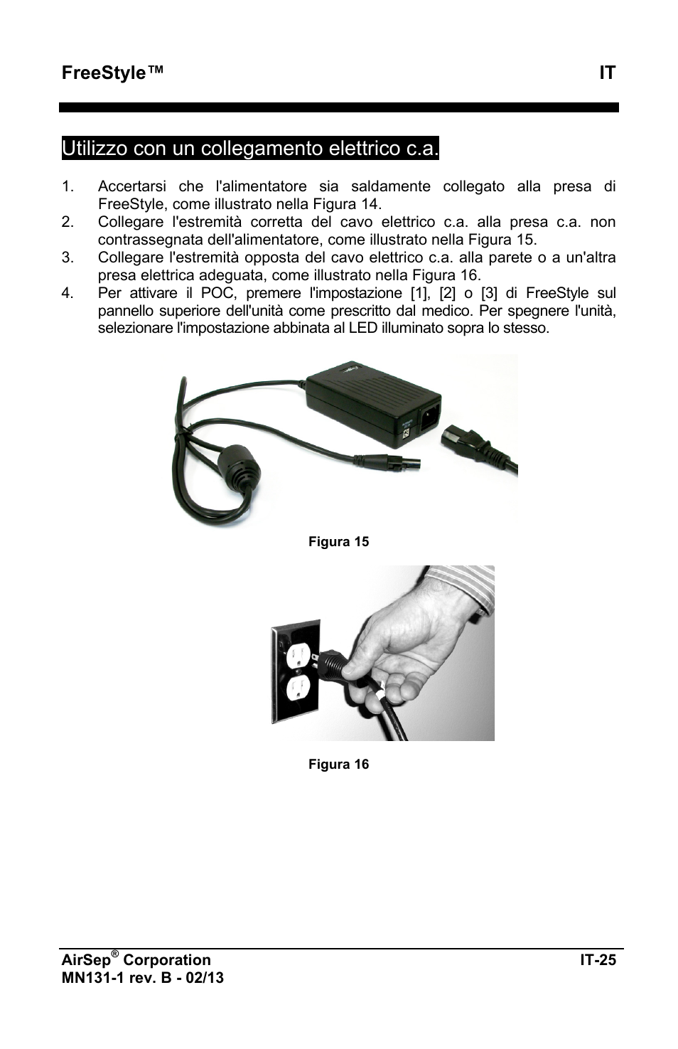 Utilizzo con un collegamento elettrico c.a, Freestyle™ it | AirSep MN131-1 B User Manual | Page 287 / 556