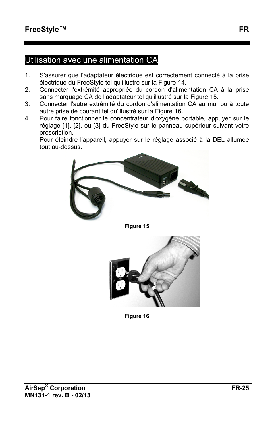 Utilisation avec une alimentation ca, Freestyle™ fr | AirSep MN131-1 B User Manual | Page 29 / 556