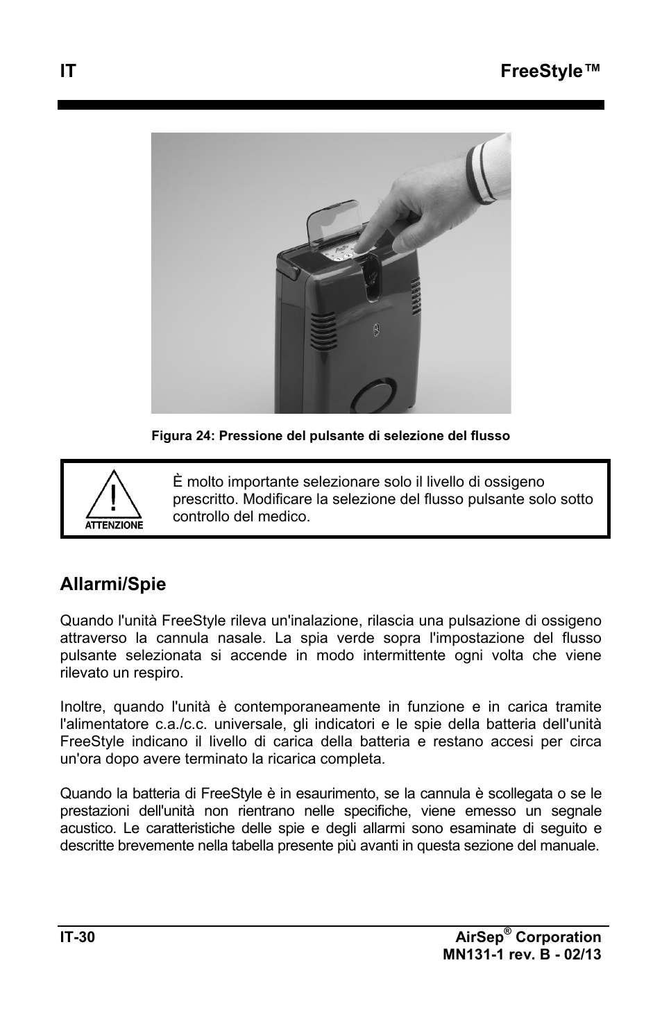 Freestyle, Allarmi/spie | AirSep MN131-1 B User Manual | Page 292 / 556