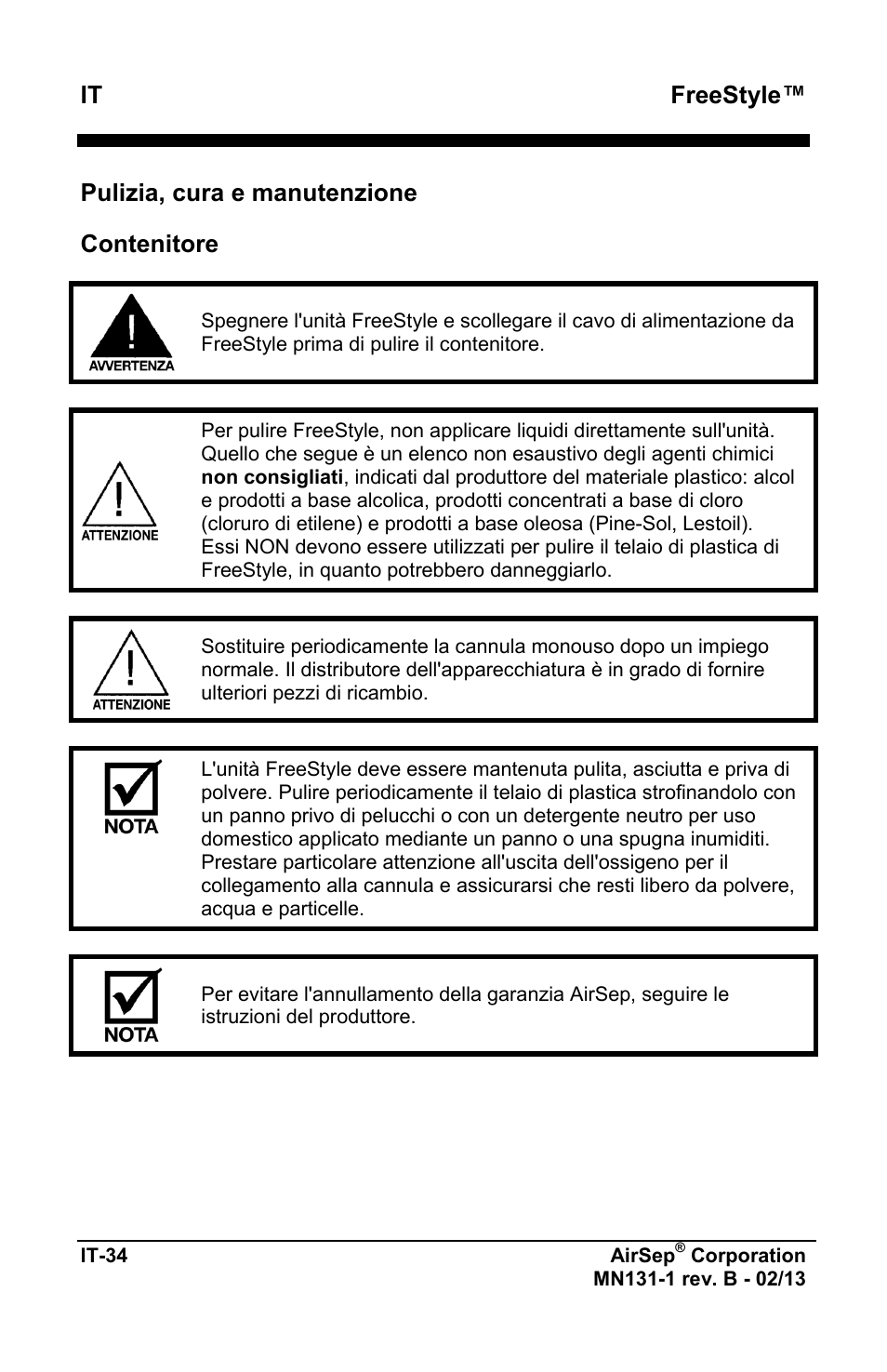 Freestyle, Pulizia, cura e manutenzione, Contenitore | AirSep MN131-1 B User Manual | Page 296 / 556