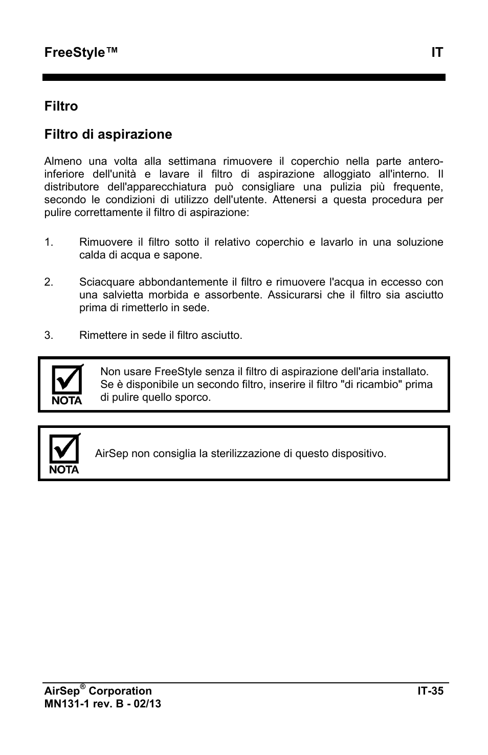 Freestyle™ it, Filtro, Filtro di aspirazione | AirSep MN131-1 B User Manual | Page 297 / 556