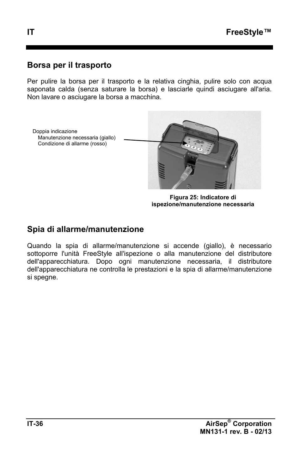 Freestyle, Borsa per il trasporto, Spia di allarme/manutenzione | AirSep MN131-1 B User Manual | Page 298 / 556