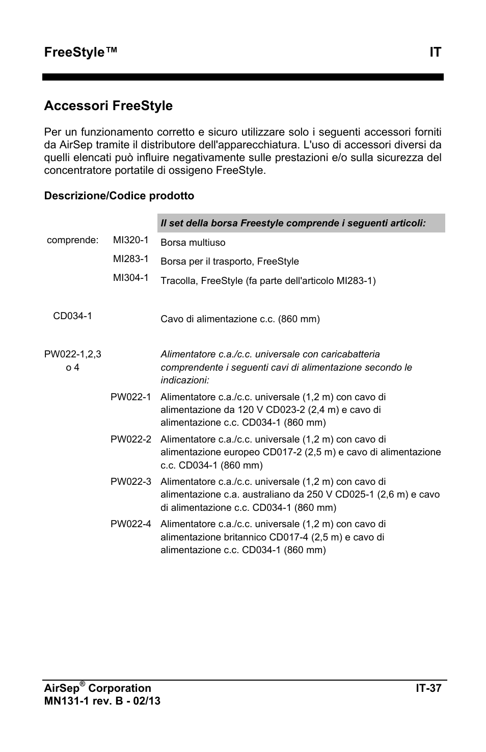 Freestyle™ it, Accessori freestyle | AirSep MN131-1 B User Manual | Page 299 / 556