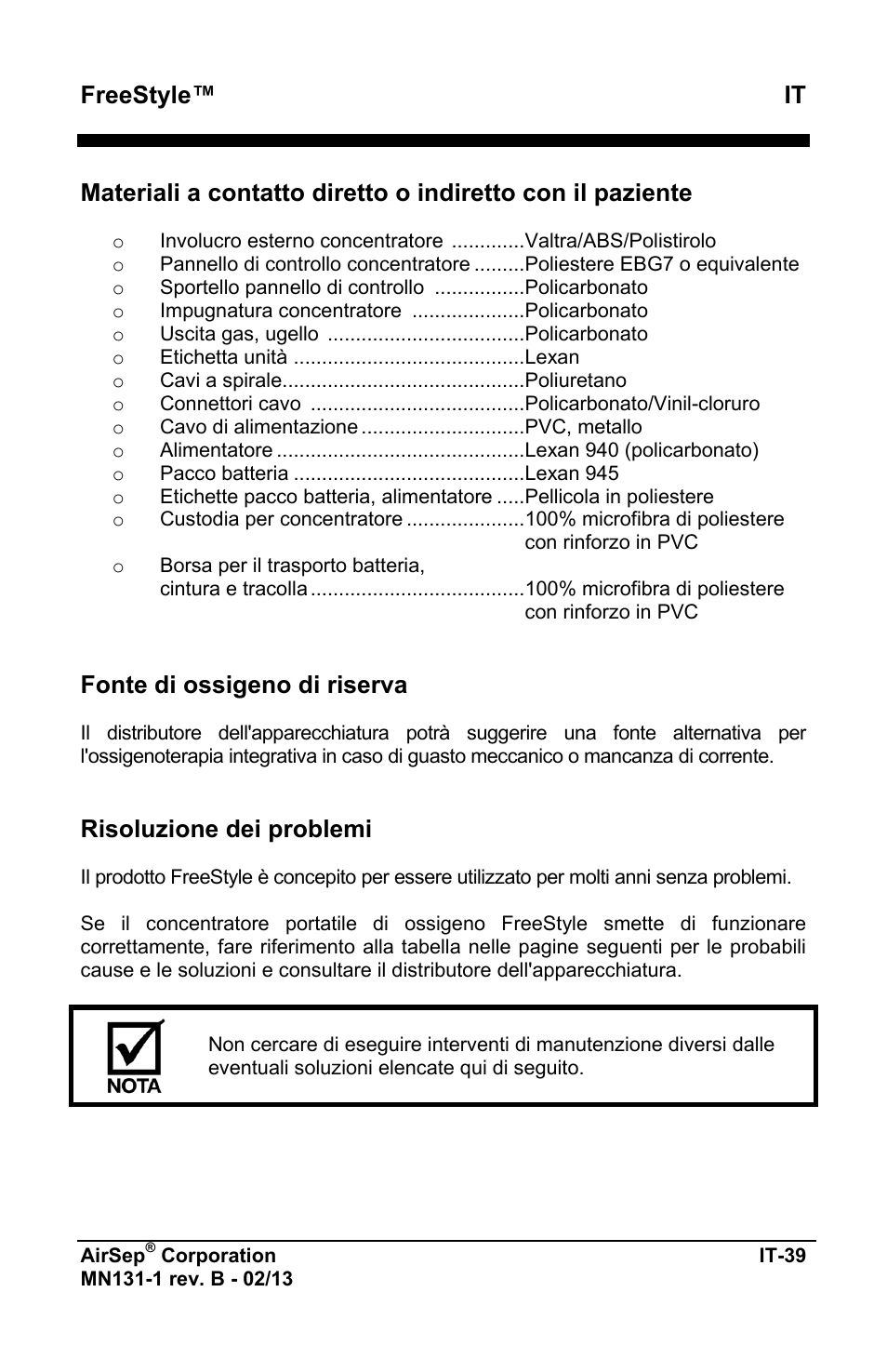 Freestyle™ it, Fonte di ossigeno di riserva, Risoluzione dei problemi | AirSep MN131-1 B User Manual | Page 301 / 556