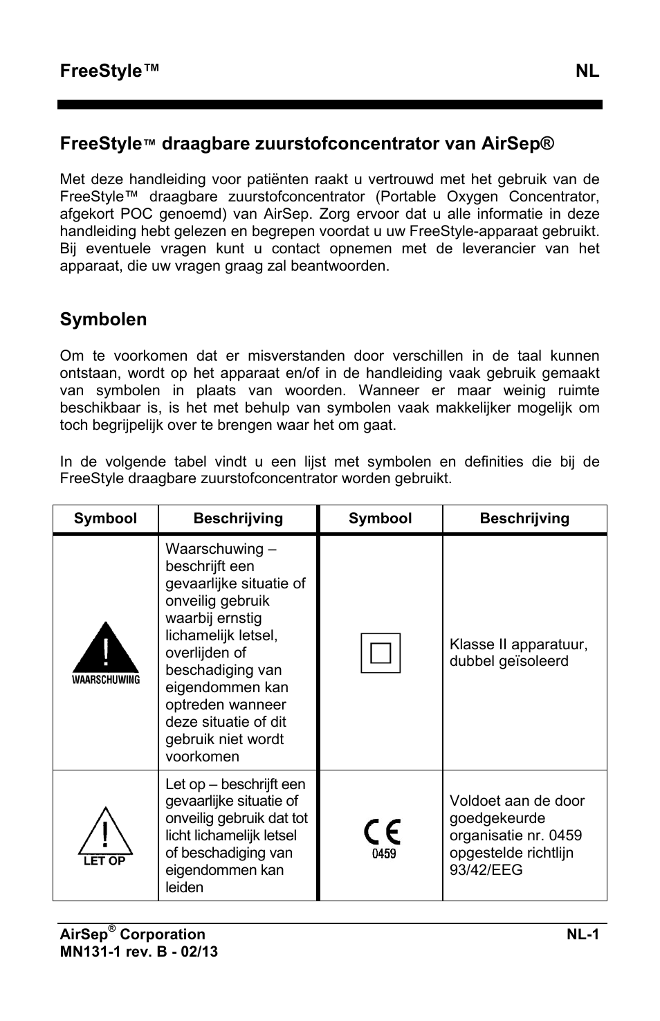 Freestyle™ nl, Freestyle, Draagbare zuurstofconcentrator van airsep | Symbolen | AirSep MN131-1 B User Manual | Page 313 / 556