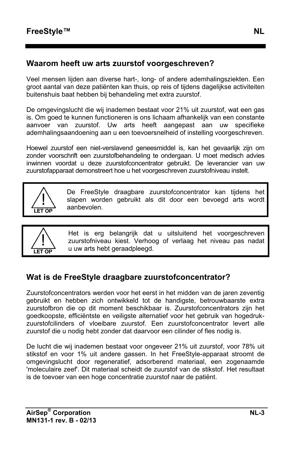 Freestyle™ nl, Waarom heeft uw arts zuurstof voorgeschreven, Wat is de freestyle draagbare zuurstofconcentrator | AirSep MN131-1 B User Manual | Page 315 / 556