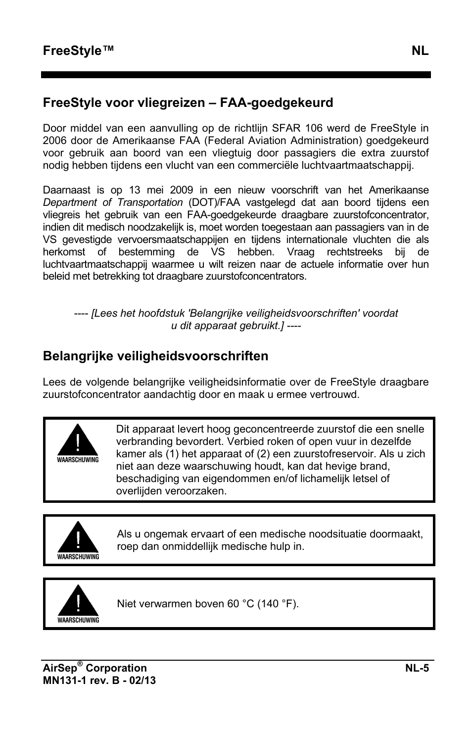 Freestyle™ nl, Freestyle voor vliegreizen – faa-goedgekeurd, Belangrijke veiligheidsvoorschriften | AirSep MN131-1 B User Manual | Page 317 / 556