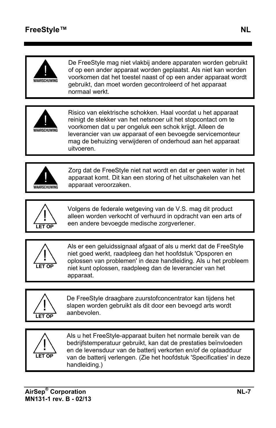 Freestyle™ nl | AirSep MN131-1 B User Manual | Page 319 / 556