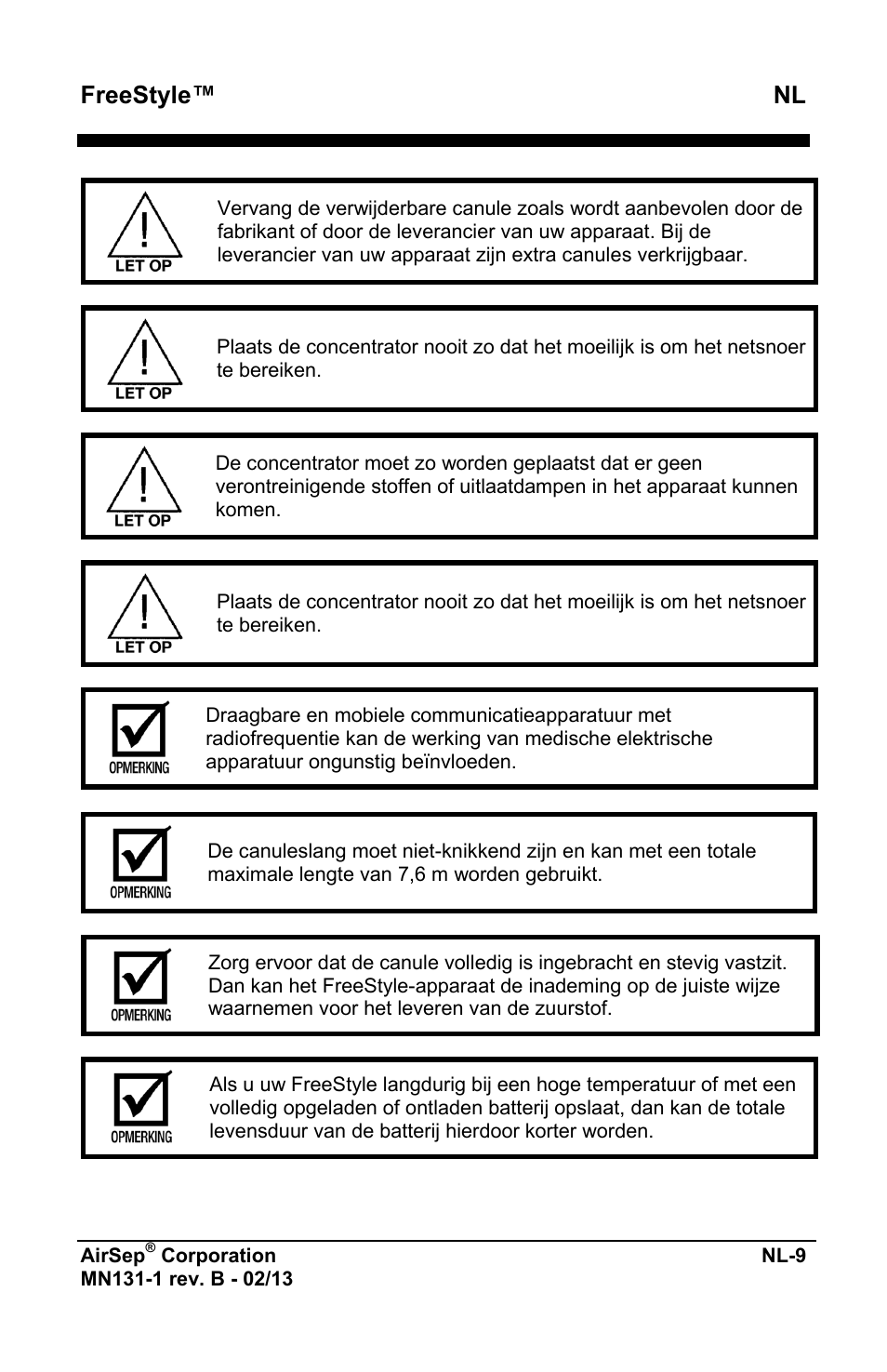 Freestyle™ nl | AirSep MN131-1 B User Manual | Page 321 / 556