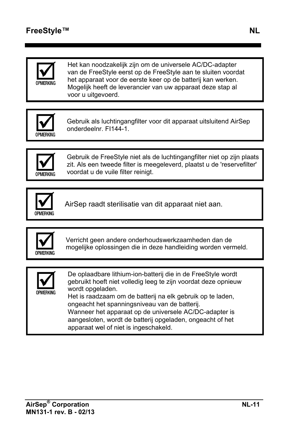 Freestyle™ nl | AirSep MN131-1 B User Manual | Page 323 / 556