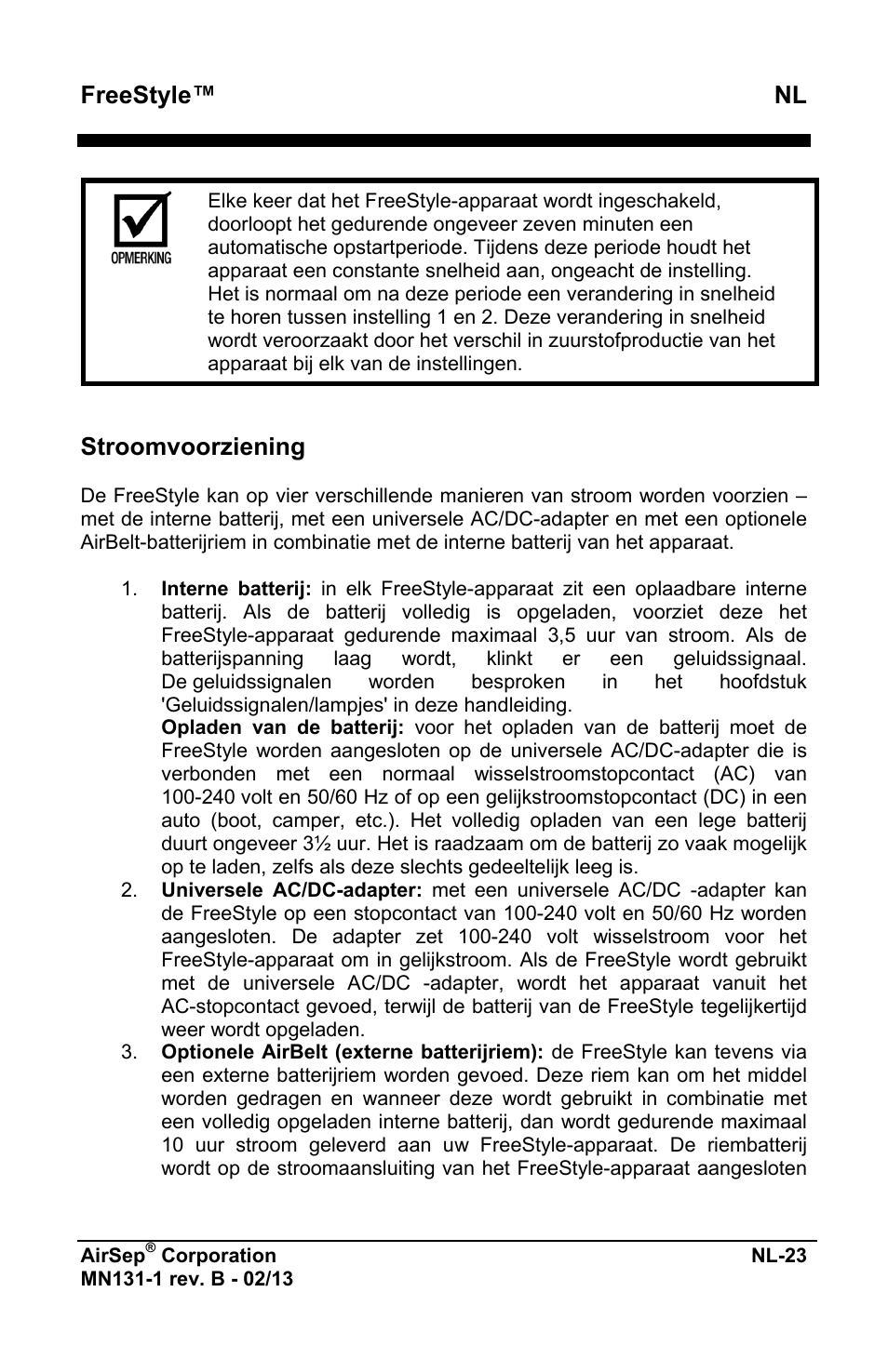 Freestyle™ nl, Stroomvoorziening | AirSep MN131-1 B User Manual | Page 335 / 556