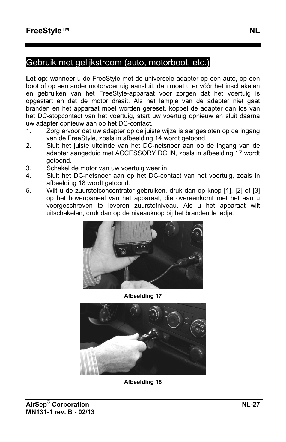 Gebruik met gelijkstroom (auto, motorboot, etc.), Freestyle™ nl | AirSep MN131-1 B User Manual | Page 339 / 556