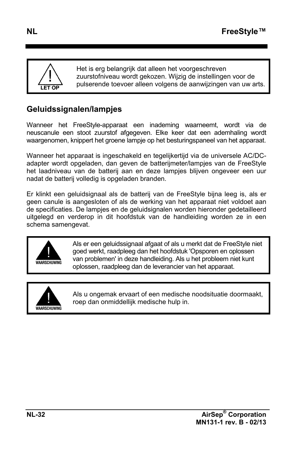 Freestyle, Geluidssignalen/lampjes | AirSep MN131-1 B User Manual | Page 344 / 556