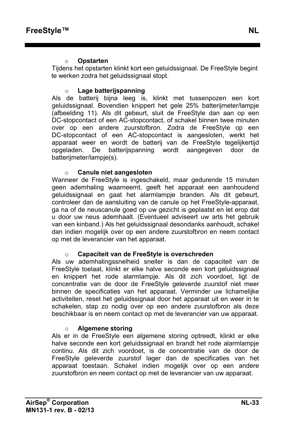 Freestyle™ nl | AirSep MN131-1 B User Manual | Page 345 / 556