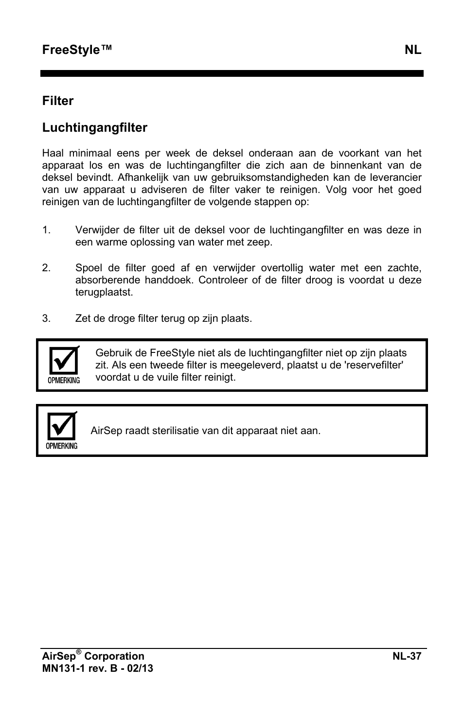 Freestyle™ nl, Filter, Luchtingangfilter | AirSep MN131-1 B User Manual | Page 349 / 556