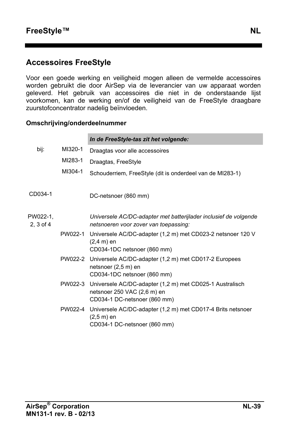 Freestyle™ nl, Accessoires freestyle | AirSep MN131-1 B User Manual | Page 351 / 556
