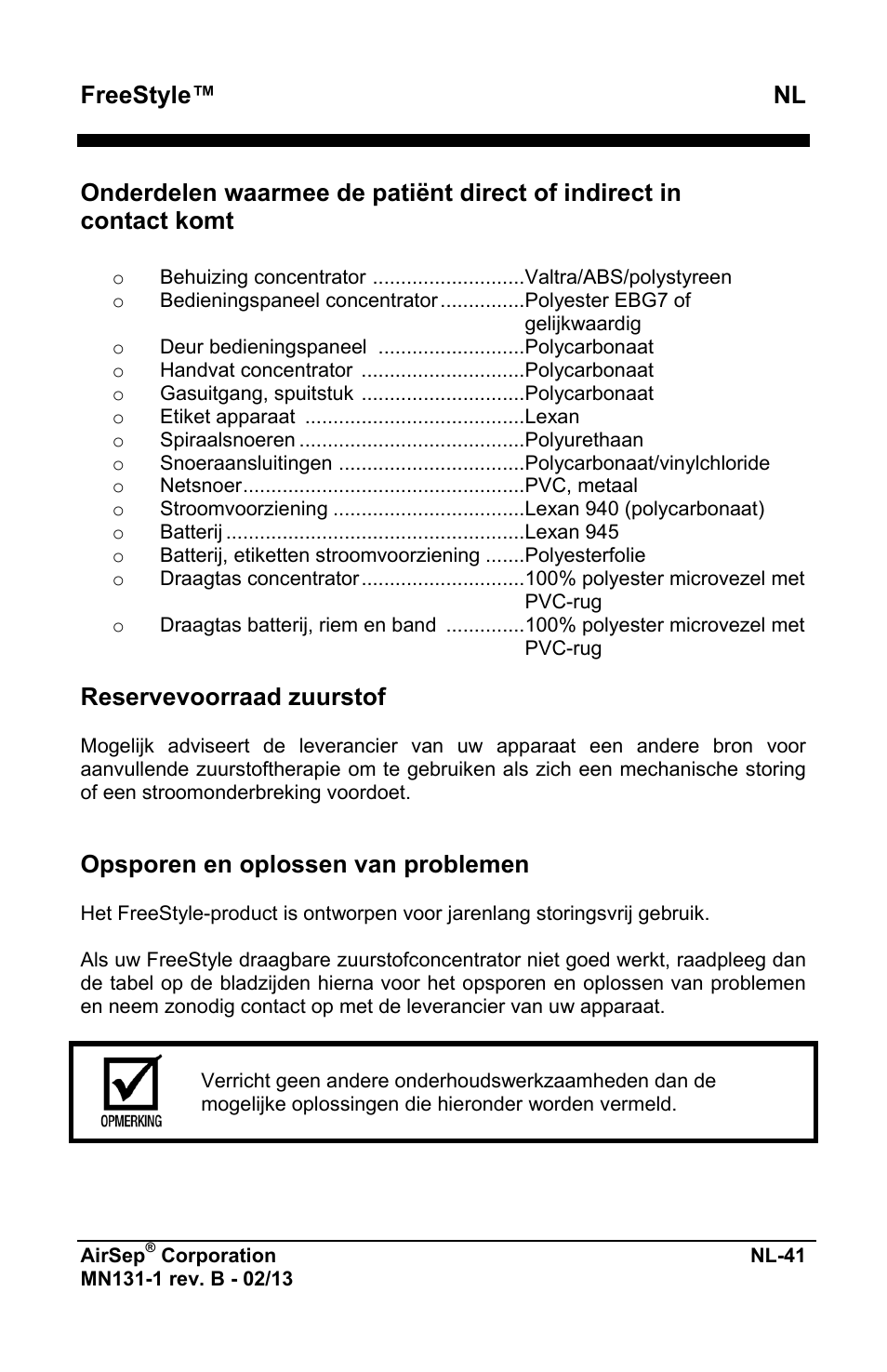 Freestyle™ nl, Reservevoorraad zuurstof, Opsporen en oplossen van problemen | AirSep MN131-1 B User Manual | Page 353 / 556