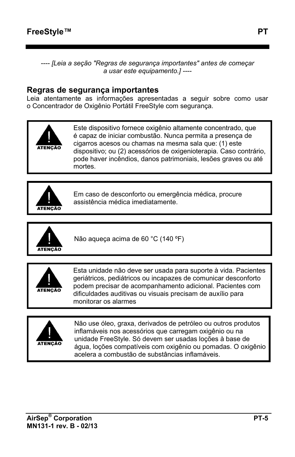 Freestyle™ pt, Regras de segurança importantes | AirSep MN131-1 B User Manual | Page 369 / 556