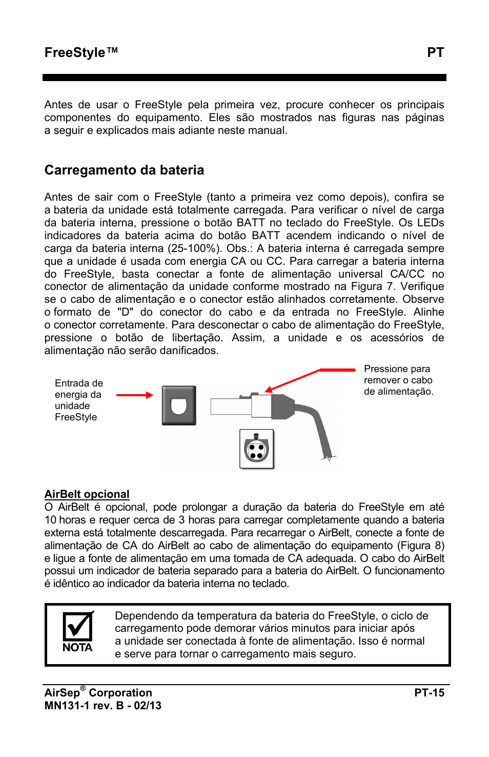 Freestyle™ pt, Carregamento da bateria | AirSep MN131-1 B User Manual | Page 379 / 556