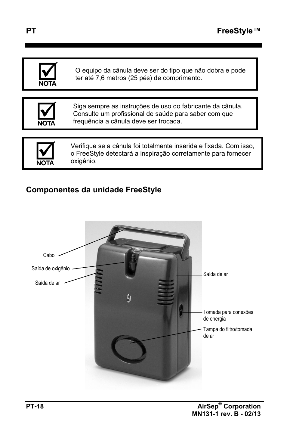 Freestyle, Componentes da unidade freestyle | AirSep MN131-1 B User Manual | Page 382 / 556