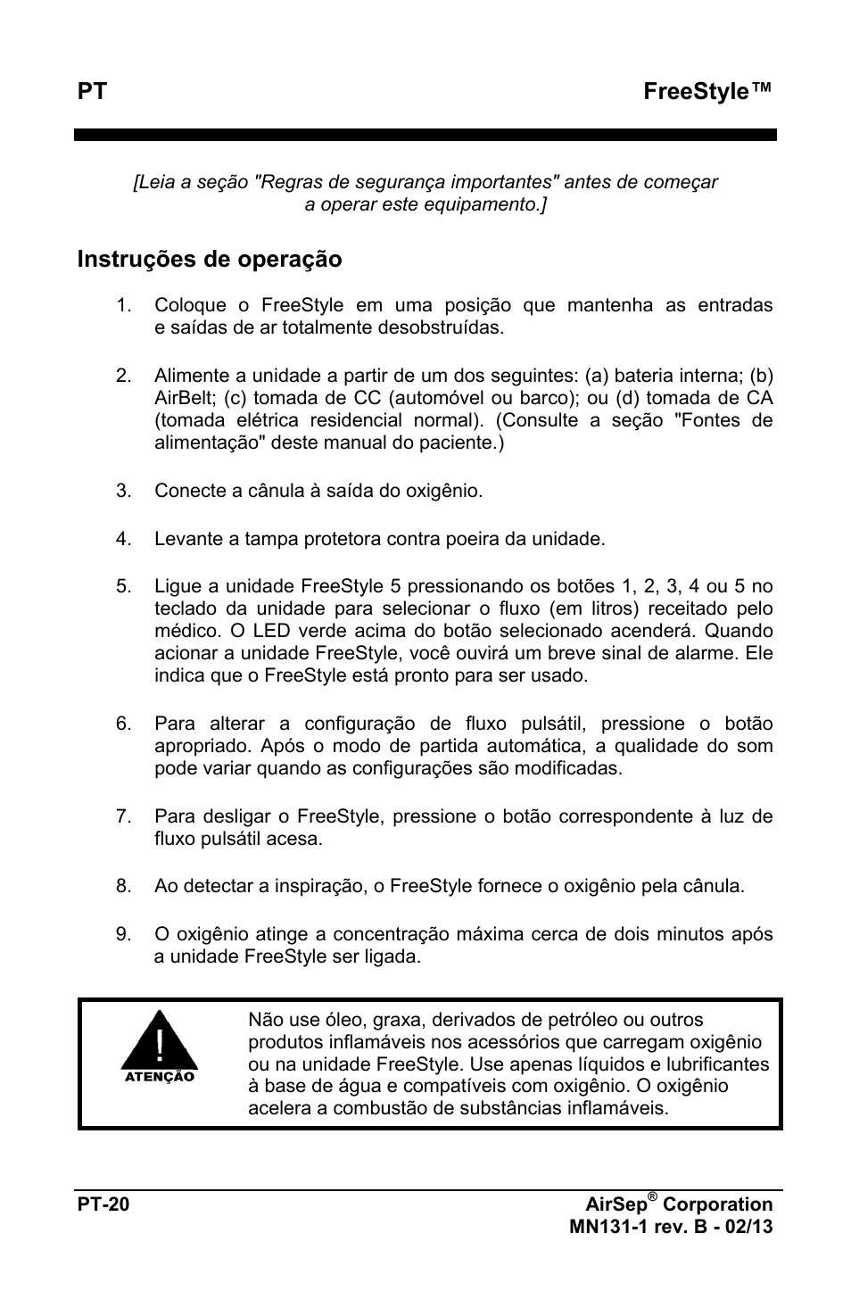 Freestyle, Instruções de operação | AirSep MN131-1 B User Manual | Page 384 / 556