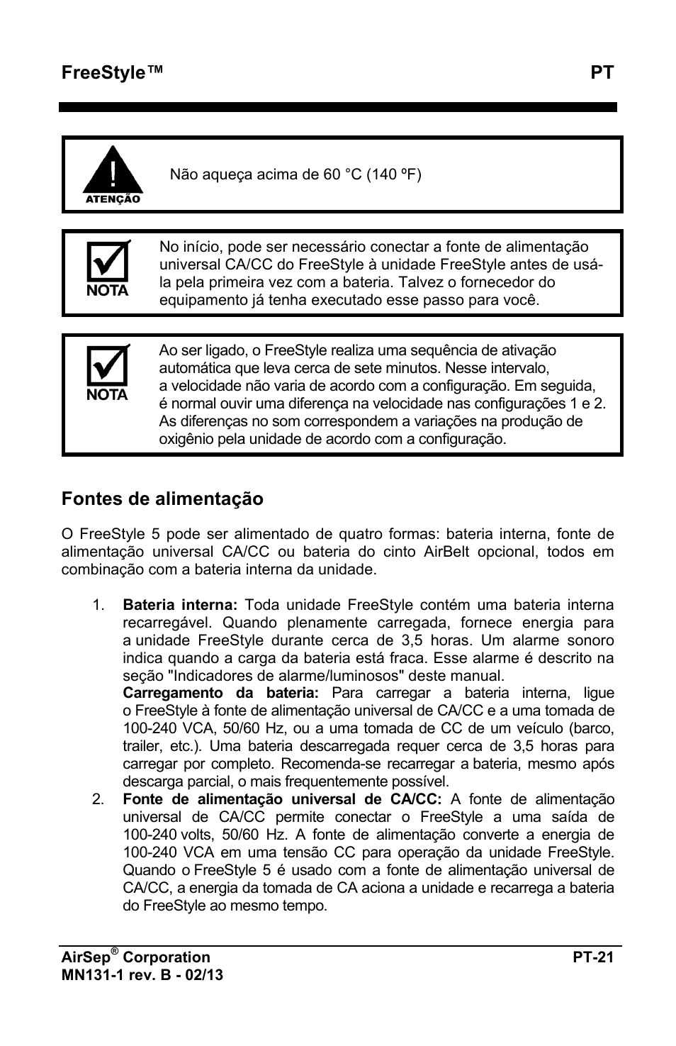 Freestyle™ pt, Fontes de alimentação | AirSep MN131-1 B User Manual | Page 385 / 556