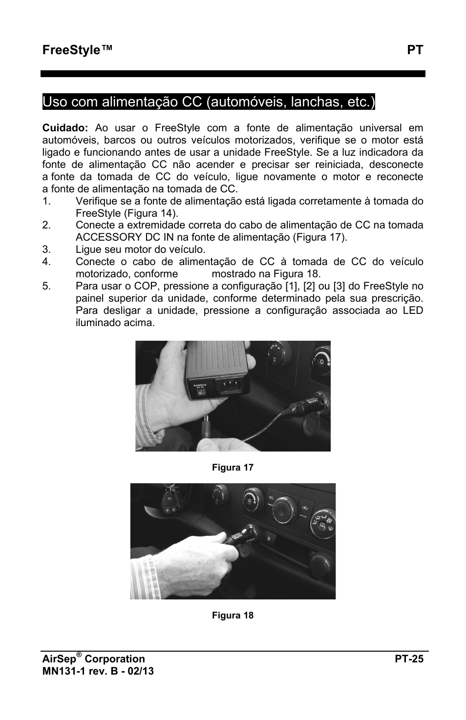 Uso com alimentação cc (automóveis, lanchas, etc.), Freestyle™ pt | AirSep MN131-1 B User Manual | Page 389 / 556