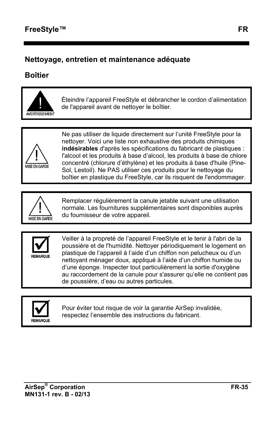 Freestyle™ fr, Nettoyage, entretien et maintenance adéquate, Boîtier | AirSep MN131-1 B User Manual | Page 39 / 556