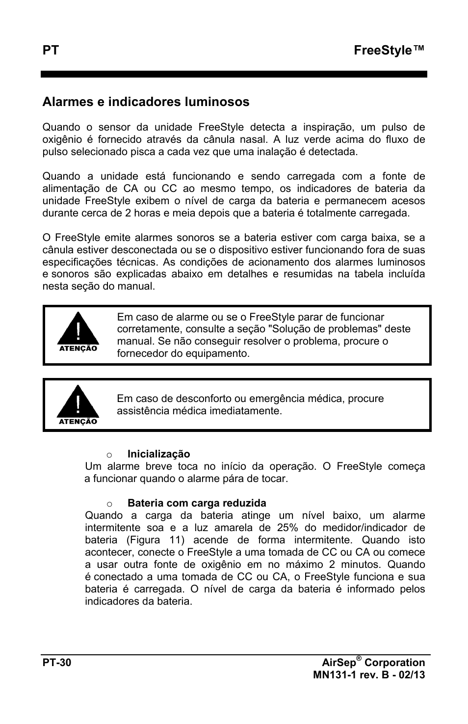 Freestyle, Alarmes e indicadores luminosos | AirSep MN131-1 B User Manual | Page 394 / 556