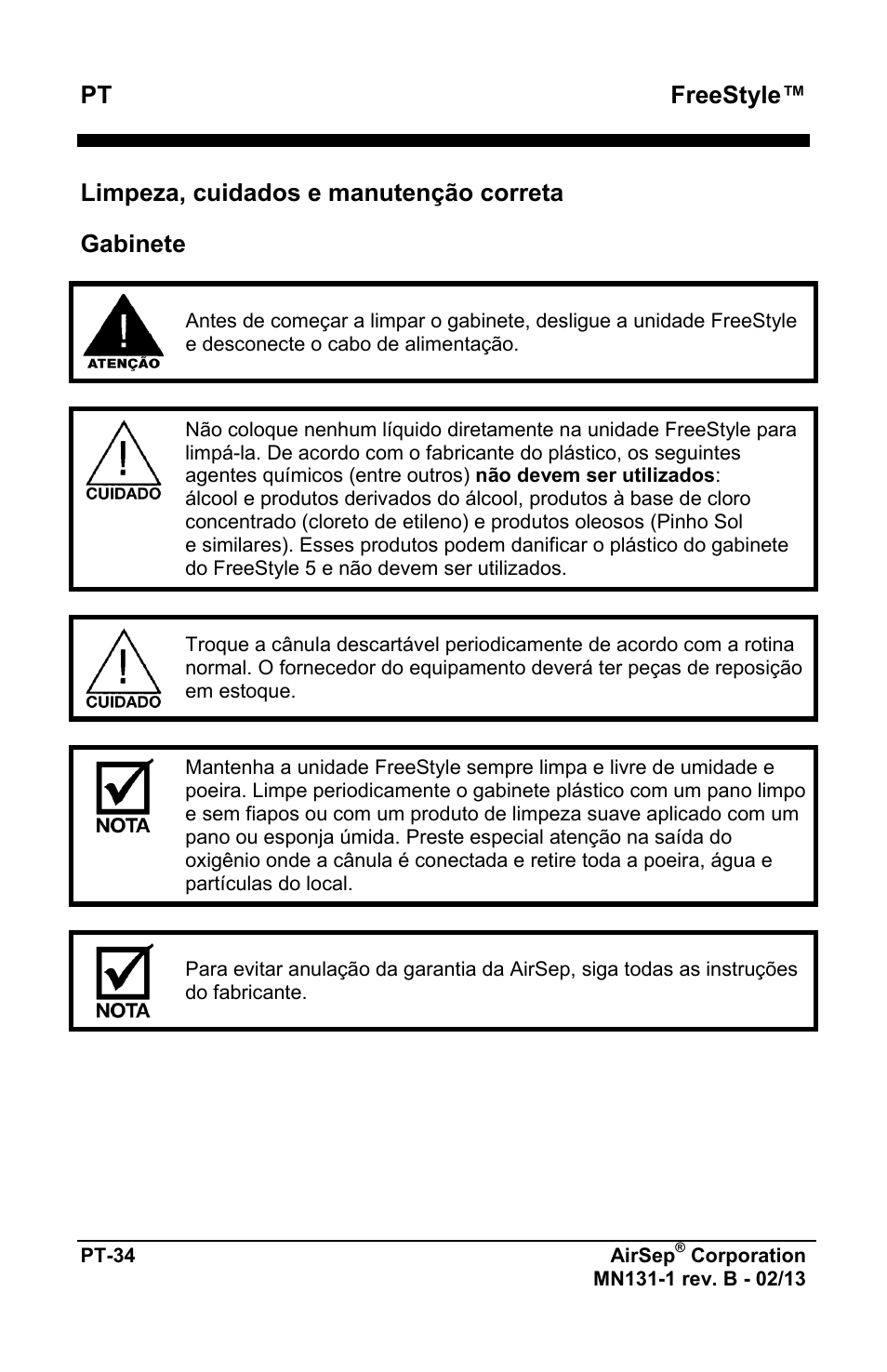 Freestyle, Limpeza, cuidados e manutenção correta, Gabinete | AirSep MN131-1 B User Manual | Page 398 / 556