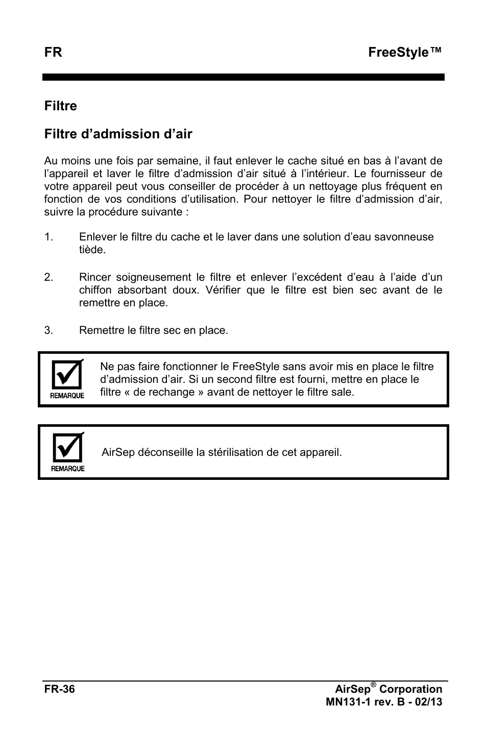 Freestyle, Filtre, Filtre d’admission d’air | AirSep MN131-1 B User Manual | Page 40 / 556