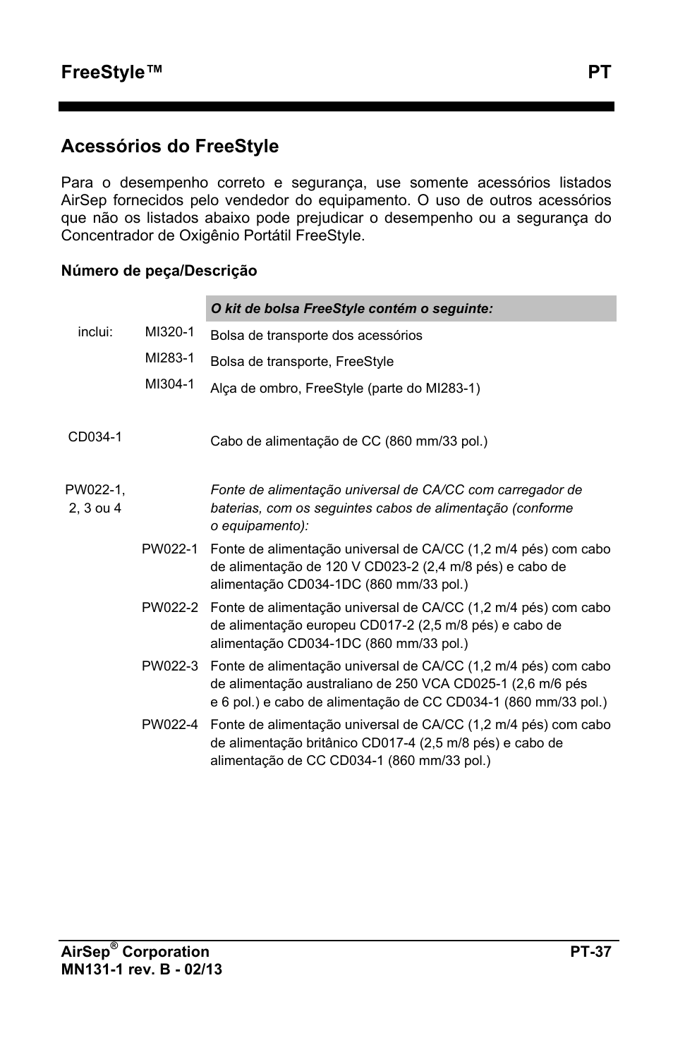 Freestyle™ pt, Acessórios do freestyle | AirSep MN131-1 B User Manual | Page 401 / 556