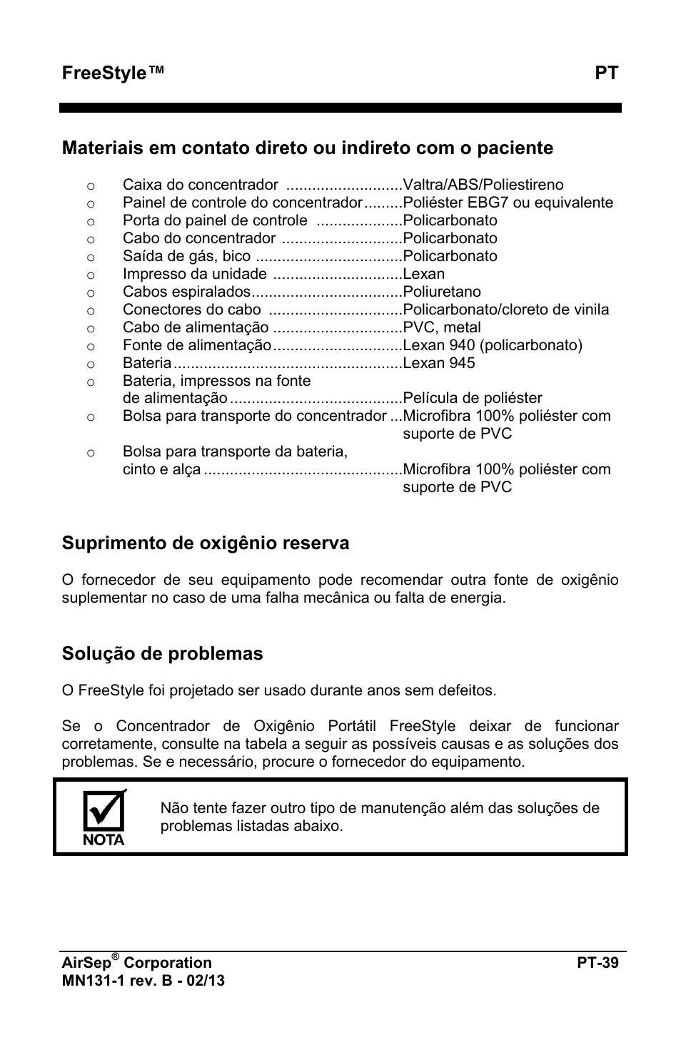 Freestyle™ pt, Suprimento de oxigênio reserva, Solução de problemas | AirSep MN131-1 B User Manual | Page 403 / 556