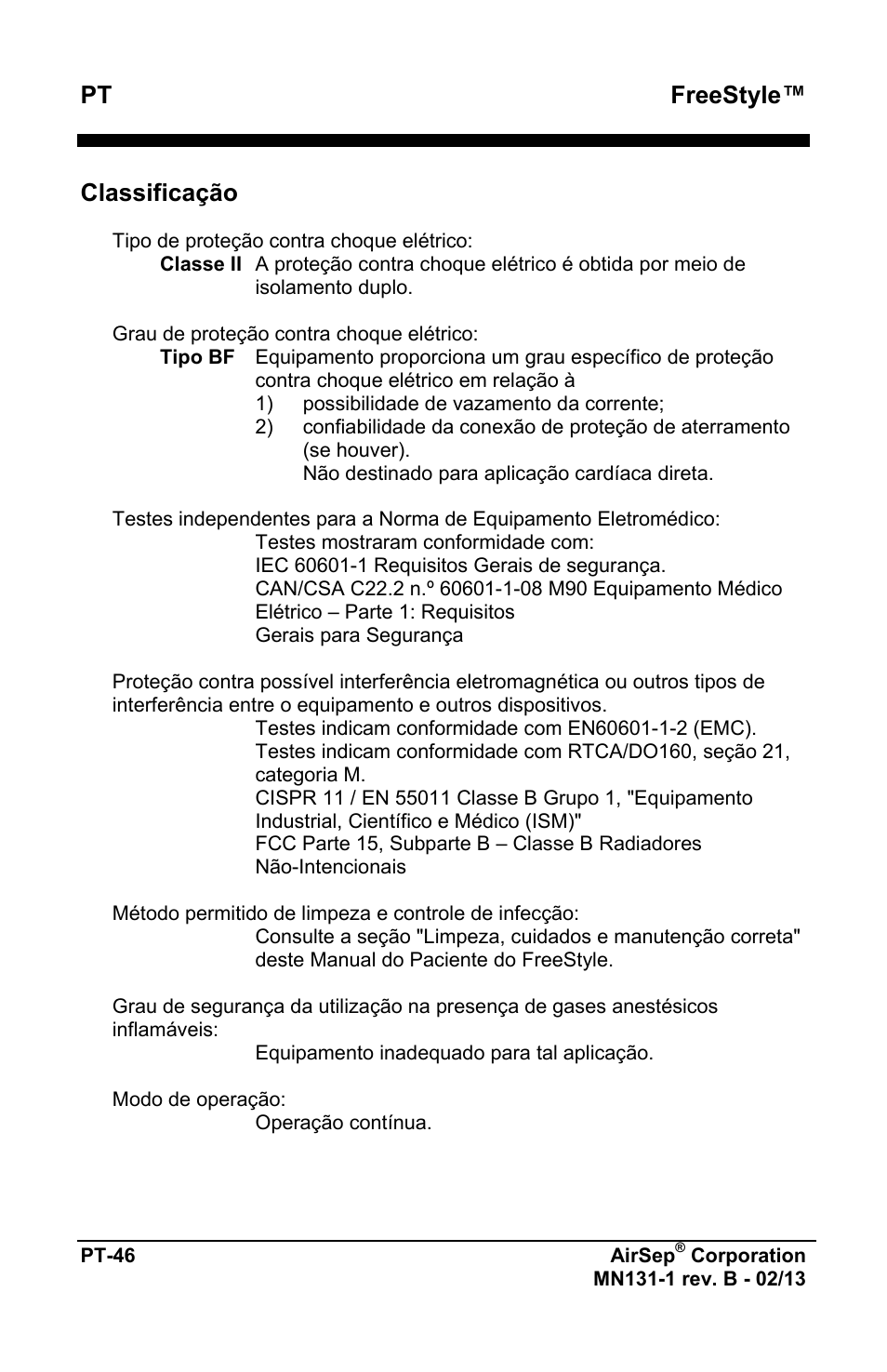 Freestyle, Classificação | AirSep MN131-1 B User Manual | Page 410 / 556