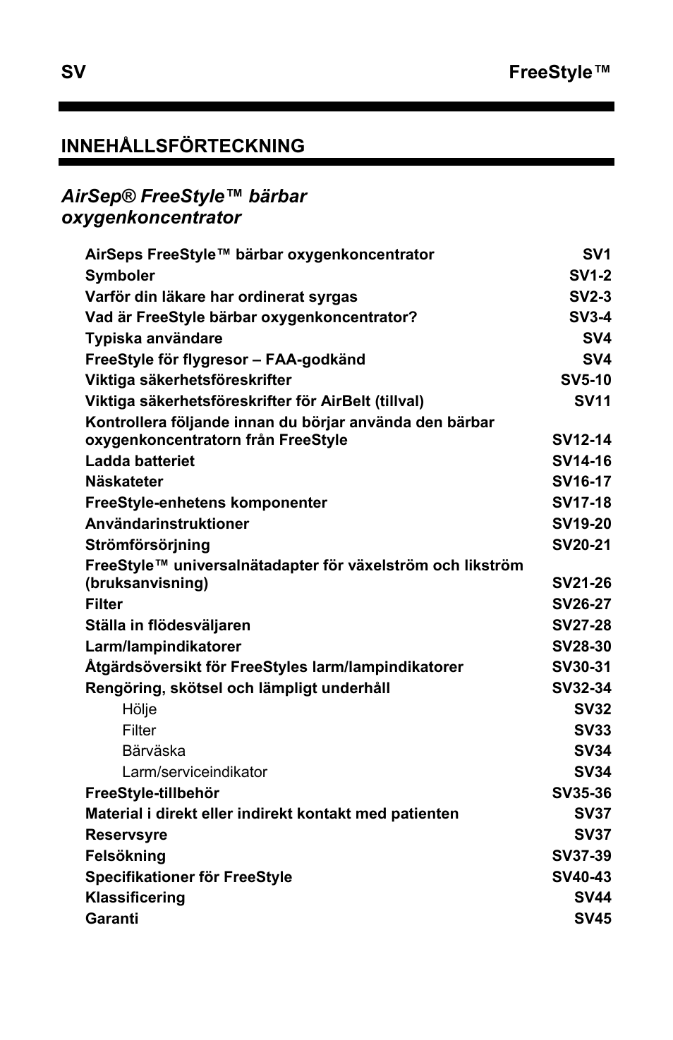 Freestyle, Innehållsförteckning, Airsep® freestyle™ bärbar oxygenkoncentrator | AirSep MN131-1 B User Manual | Page 414 / 556