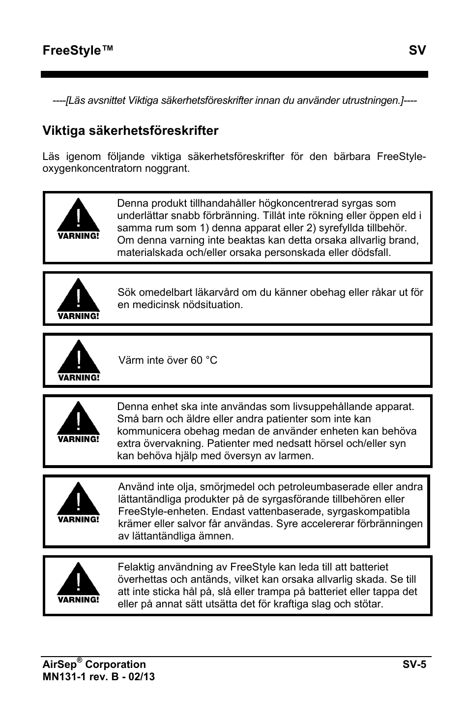 Freestyle™ sv, Viktiga säkerhetsföreskrifter | AirSep MN131-1 B User Manual | Page 419 / 556