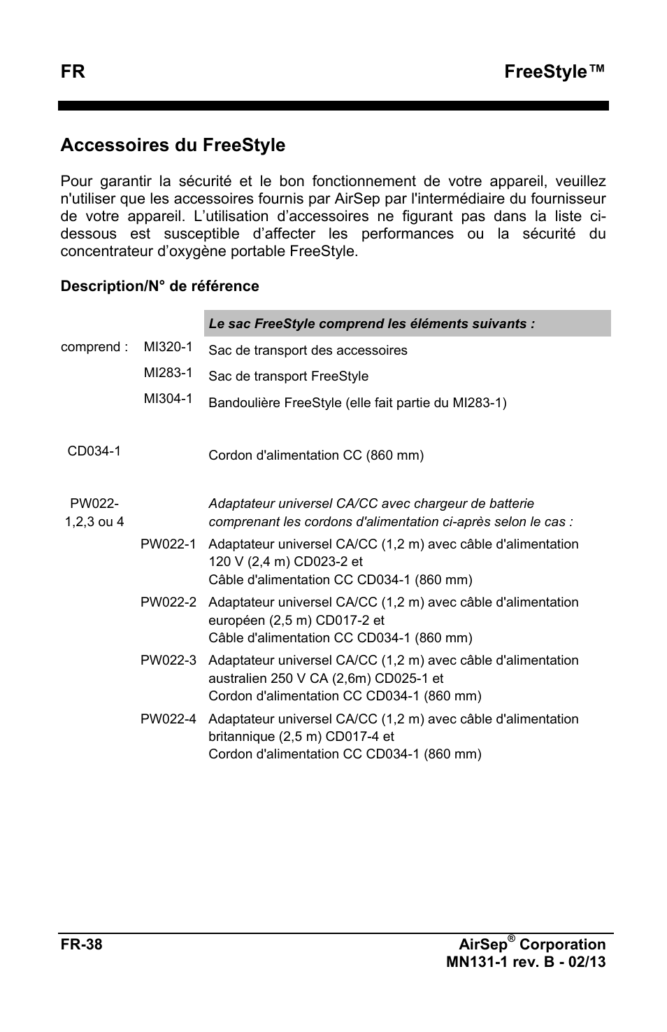 Freestyle, Accessoires du freestyle | AirSep MN131-1 B User Manual | Page 42 / 556