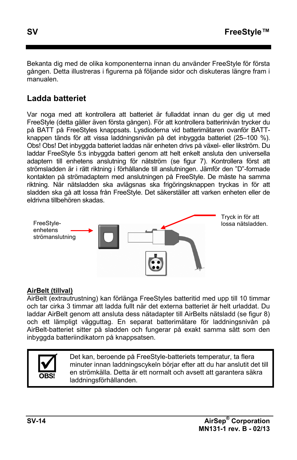 Freestyle, Ladda batteriet | AirSep MN131-1 B User Manual | Page 428 / 556