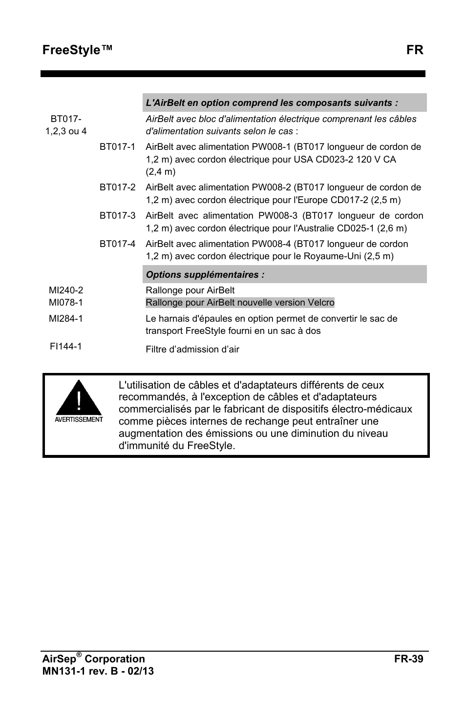 Freestyle™ fr | AirSep MN131-1 B User Manual | Page 43 / 556