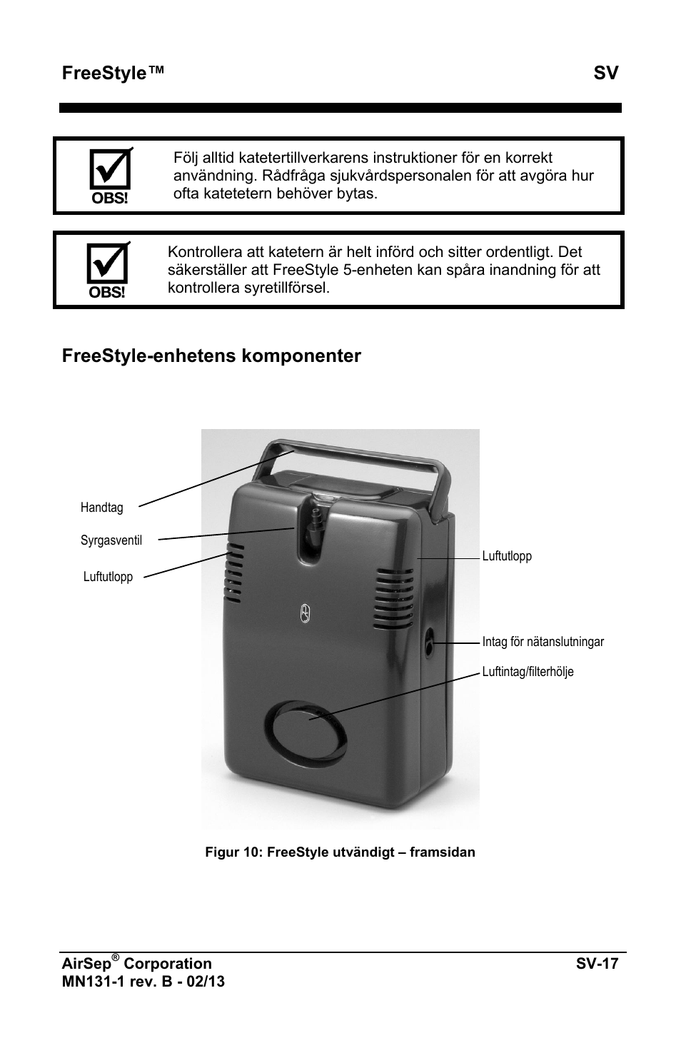 Freestyle™ sv, Freestyle-enhetens komponenter | AirSep MN131-1 B User Manual | Page 431 / 556