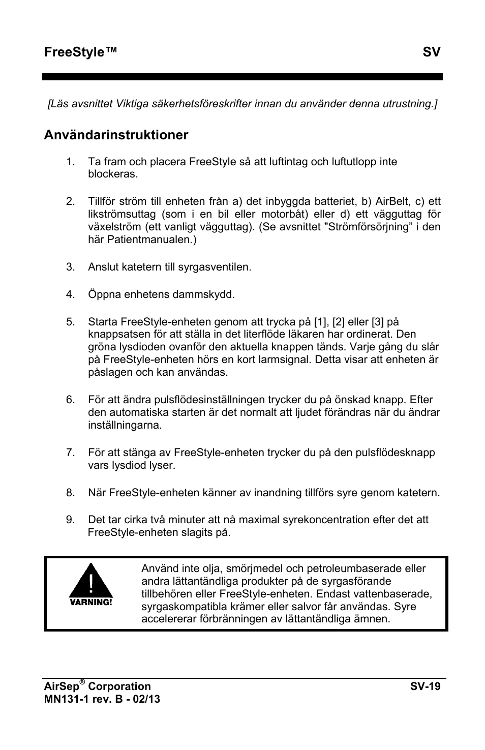 Freestyle™ sv, Användarinstruktioner | AirSep MN131-1 B User Manual | Page 433 / 556